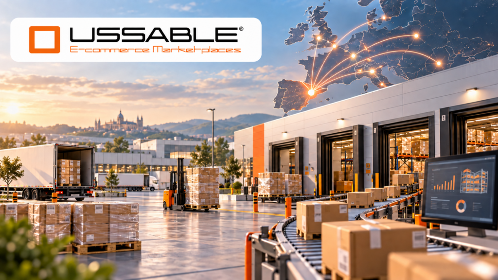 Centro logístico europeo para Almacenamiento y distribución de Amazon con logo de USSABLE