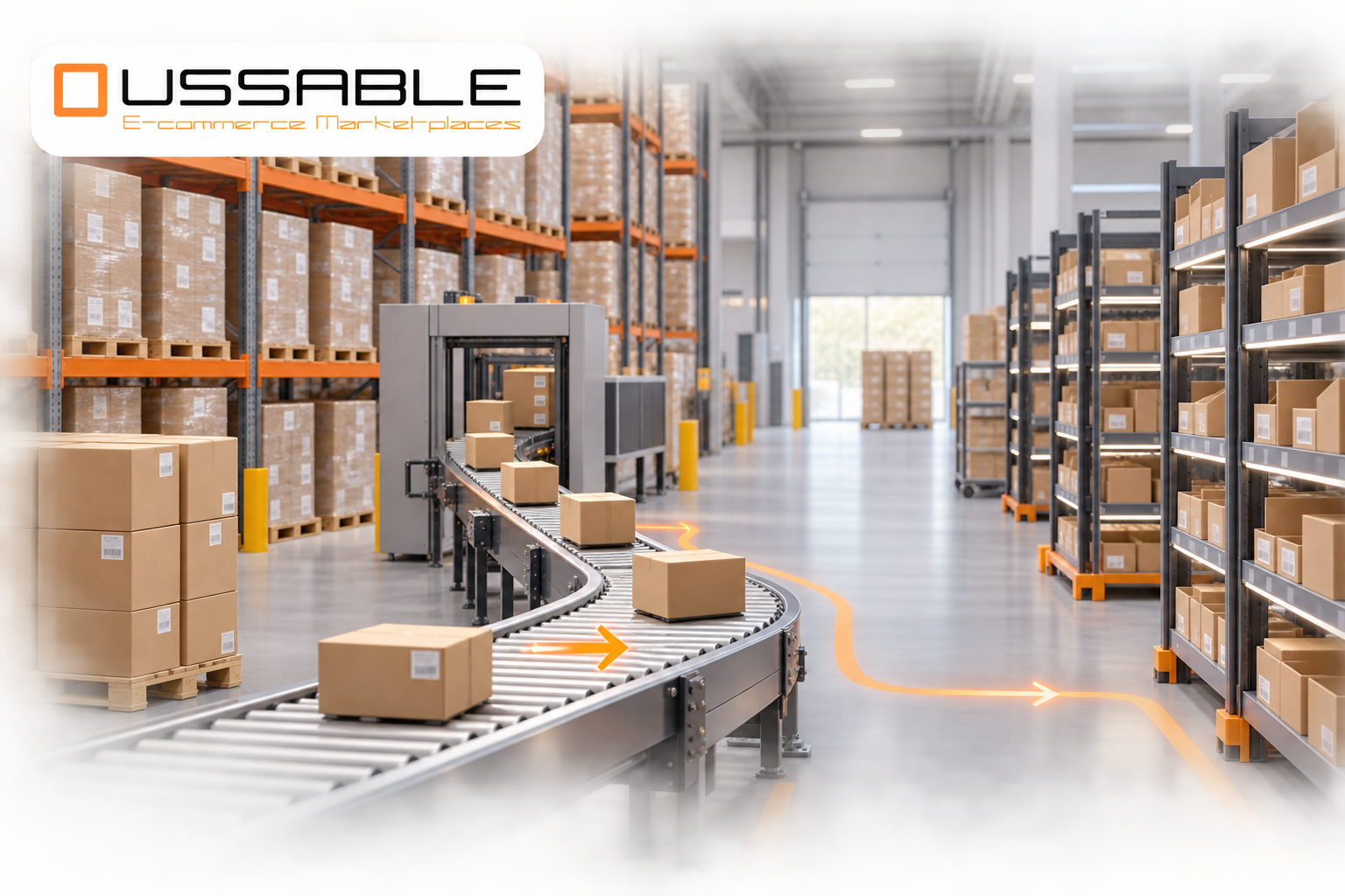 Flujo de reabastecimiento de inventario en un centro logístico con logo de USSABLE