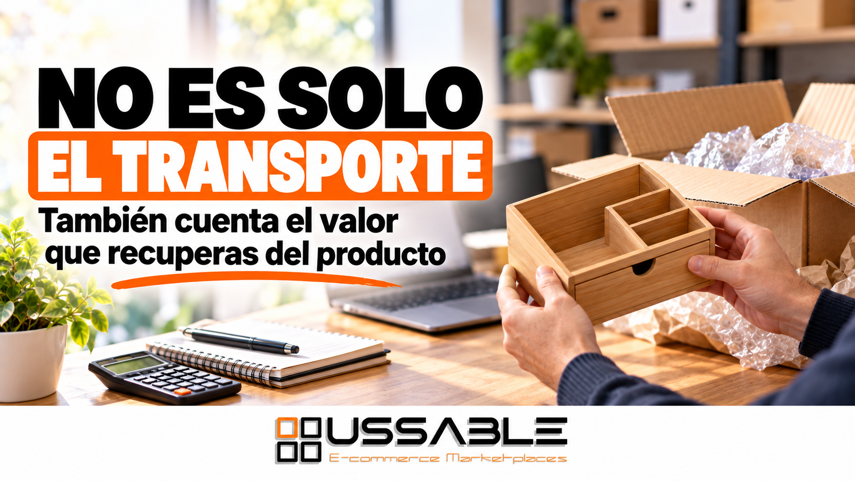 Manos inspeccionan un organizador de madera junto a una caja de devolución; el texto de USSABLE recuerda considerar el valor recuperable del producto.