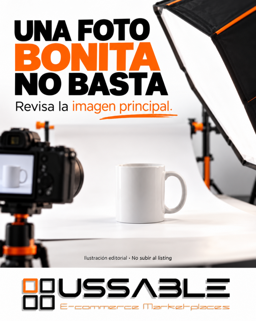 Fotografía de producto sobre fondo blanco con recordatorio editorial de revisar la imagen principal en Amazon.
