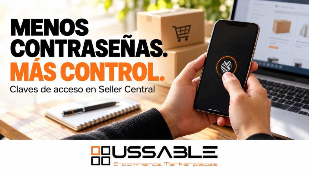 Manos desbloquean un móvil con un símbolo de huella junto a un portátil; creatividad de USSABLE sobre claves de acceso en Amazon Seller Central.