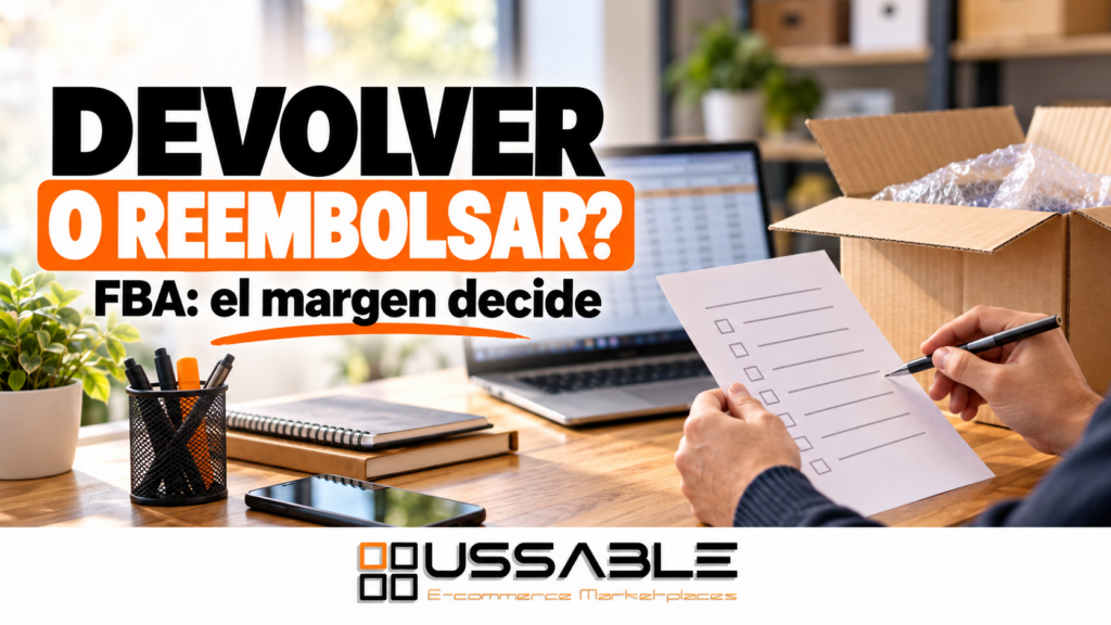 Creatividad de USSABLE sobre reembolsos parciales FBA: una persona revisa una lista junto a una caja y el titular Devolver o reembolsar.