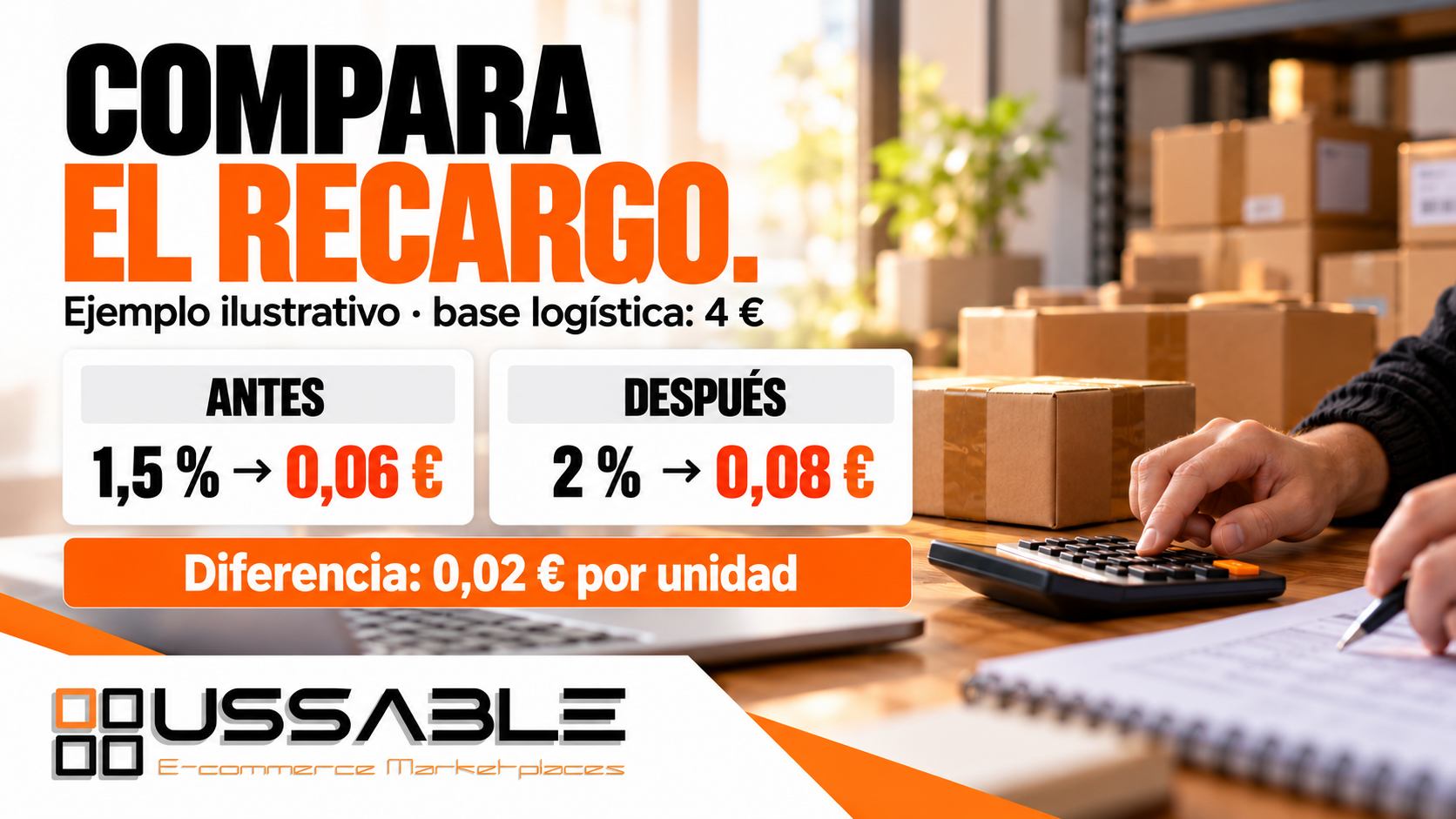 Ejemplo de recargo sobre una tarifa logística de 4 euros: 0,06 euros al 1,5 % y 0,08 euros al 2 %, con una diferencia de 0,02 euros.