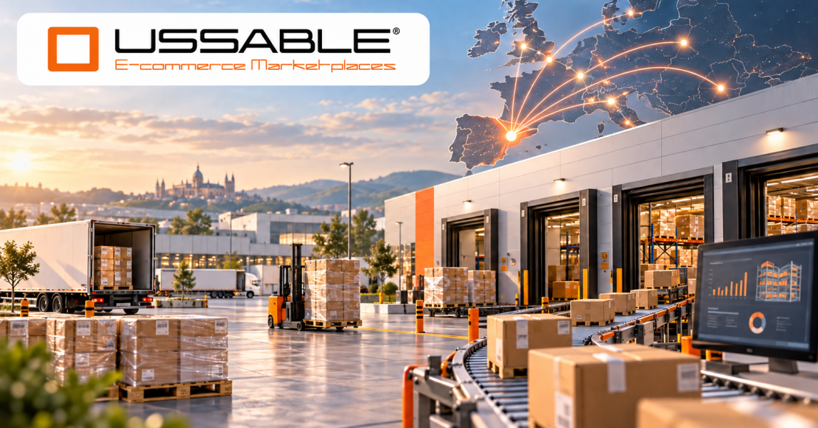Centro logístico europeo para Almacenamiento y distribución de Amazon con logo de USSABLE