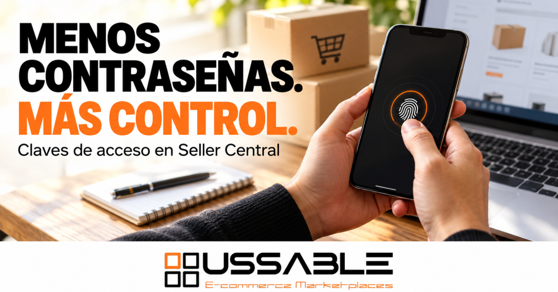 Manos desbloquean un móvil con un símbolo de huella junto a un portátil; creatividad de USSABLE sobre claves de acceso en Amazon Seller Central.