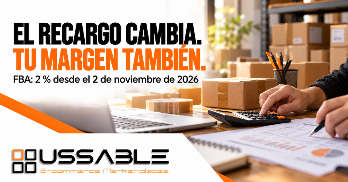 Manos revisando costes logísticos junto a paquetes y una calculadora; recargo FBA del 2 % desde el 2 de noviembre de 2026.